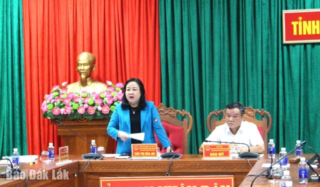 Phó Bí thư Thường trực Tỉnh ủy, Chủ tịch HĐND tỉnh, Chủ tịch Ủy ban bầu cử tỉnh Cao Thị Hòa An phát biểu tại phiên họp.