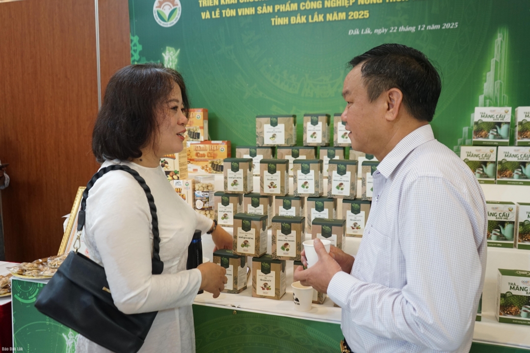 Phó Chủ tịch UBND tỉnh Đào Mỹ tìm hiểu thông tin sản phẩm của doanh nghiệp tham gia trưng bày tại hội nghị