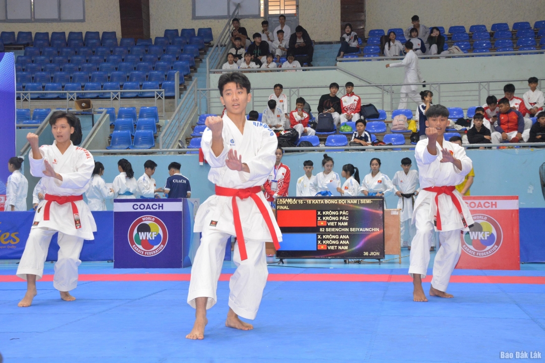 Các võ sinh thi nội dung kata đồng đồng đội nam, lứa tuổi 16 - 18.