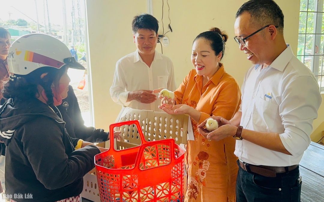Người dân xã Krông Ana vui vẻ nhận gà giống