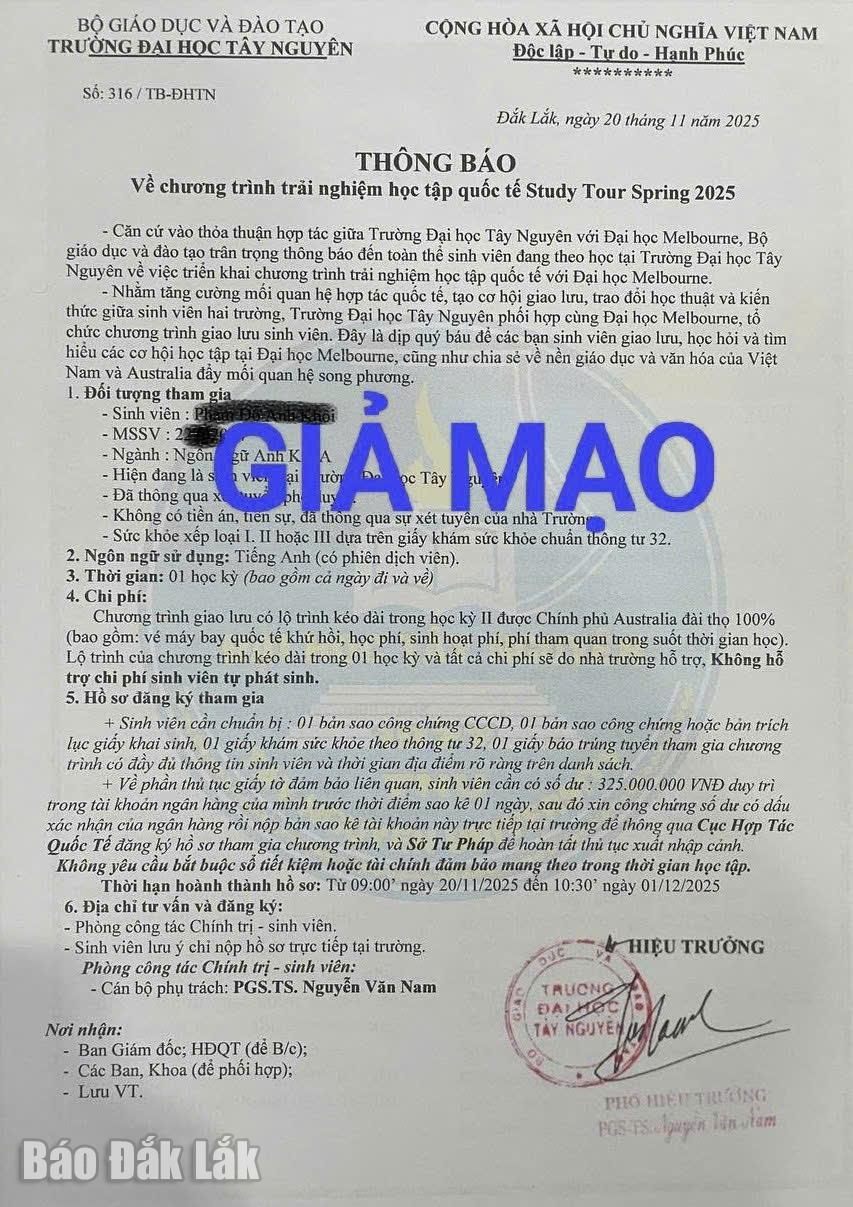 Thông tin giả mạo gửi đến sinh viên Trường Đại học Tây Nguyên.