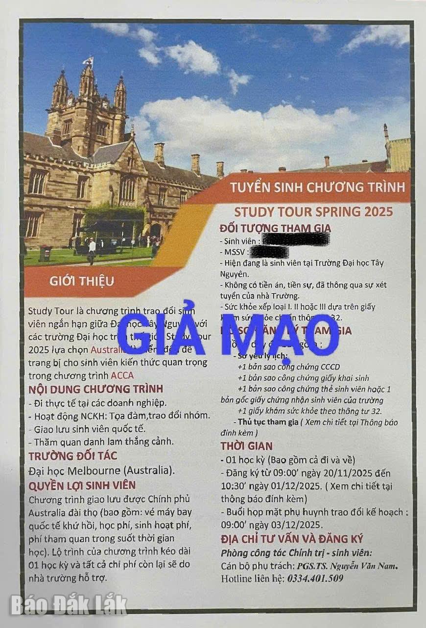 Thông tin giả mạo Trường Đại học Tây Nguyên.