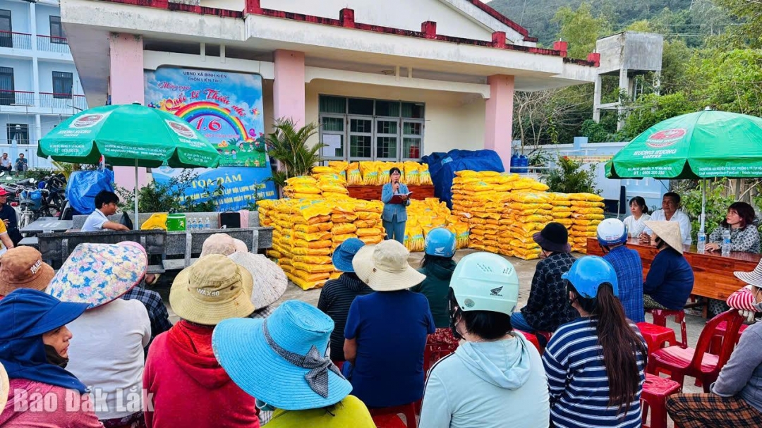 Nông dân phường Bình Kiến nhận hỗ trợ lúa giống sau đợt mưa lũ từ các nhà tài trợ.