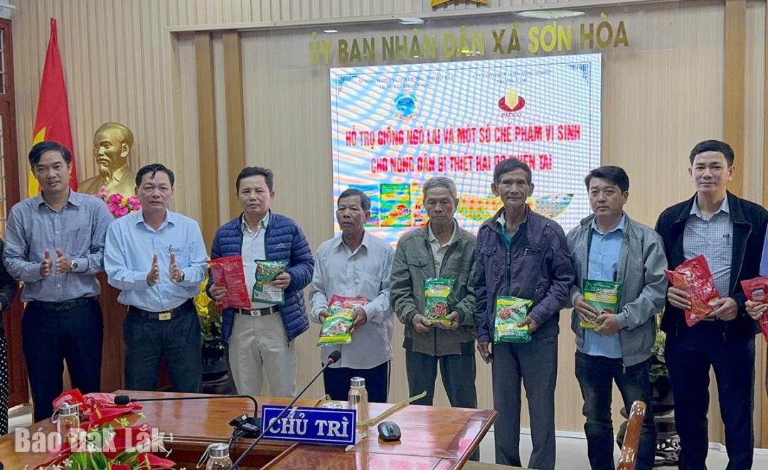 Các hộ dân bị thiệt hại sau thiên tai nhận hỗ trợ tại UBND xã Sơn Hòa.