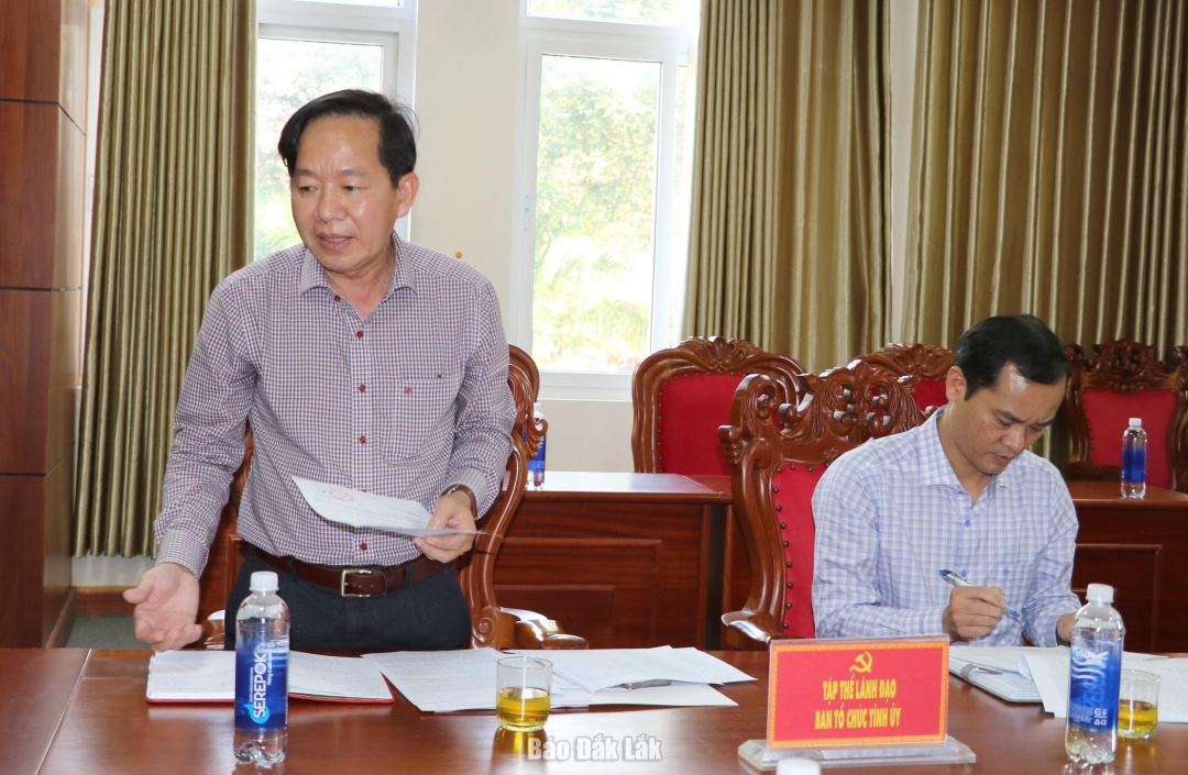 Phó Trưởng ban trực Ban Tổ chức Tỉnh ủy Lưu Vĩnh Hưng phát biểu ý kiến tại cuộc họp.