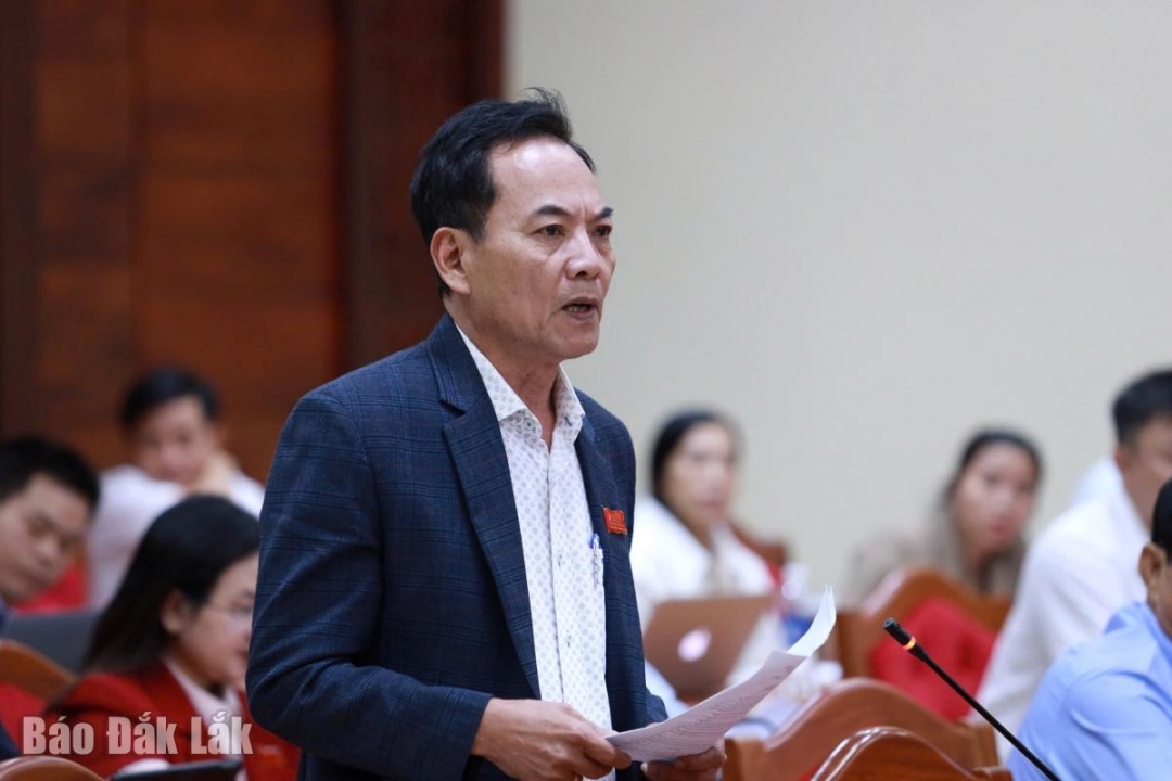 Đại biểu Huỳnh Bài, Chủ tịch Liên minh Hợp tác xã tỉnh phát biểu thảo luận. Ảnh: Vạn Tiếp