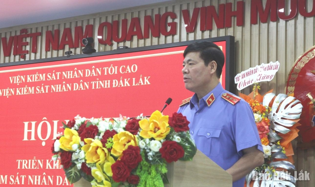 Đồng chí Nguyễn Quang Dũng, Phó Viện trưởng Viện KSND Tối cao phát biểu tại hội nghị.