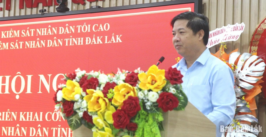 Đồng chí Lương Nguyễn Minh Triết, Ủy viên dự khuyết Trung ương Đảng, Bí thư Tỉnh ủy phát biểu tại hội nghị.