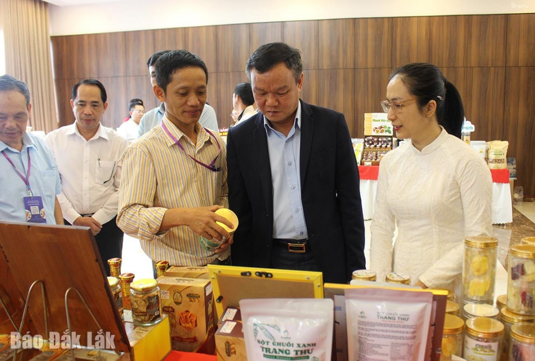 Phó Chủ tịch UBND tỉnh Đào Mỹ cùng đại diện các đơn vị, doanh nghiệp tham quan các gian hàng trưng bày tại chương trình.