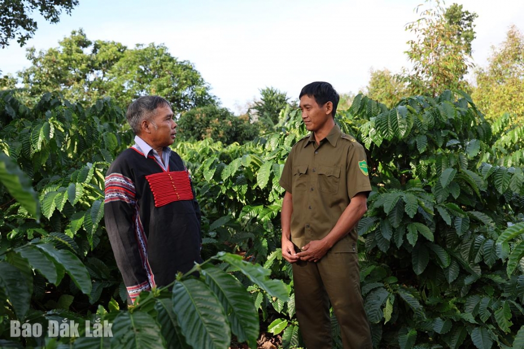 Ông Y Diêng Niê (bìa trái) chia sẻ kinh nghiệm trong công tác đảm bảo an ninh trật tự ở buôn Kniêr.