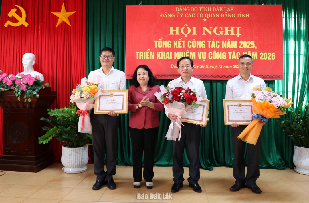 Đồng chí Cao Thị Hòa An, Phó Bí thư Thường trực Tỉnh ủy, Chủ tịch HĐND tỉnh, Bí thư Đảng ủy các cơ quan Đảng tỉnh tặng giấy khen cho 3 tổ chức cơ sở đảng đạt tiêu chuẩn hoàn thành xuất sắc nhiệm vụ tiêu biểu năm 2025 .