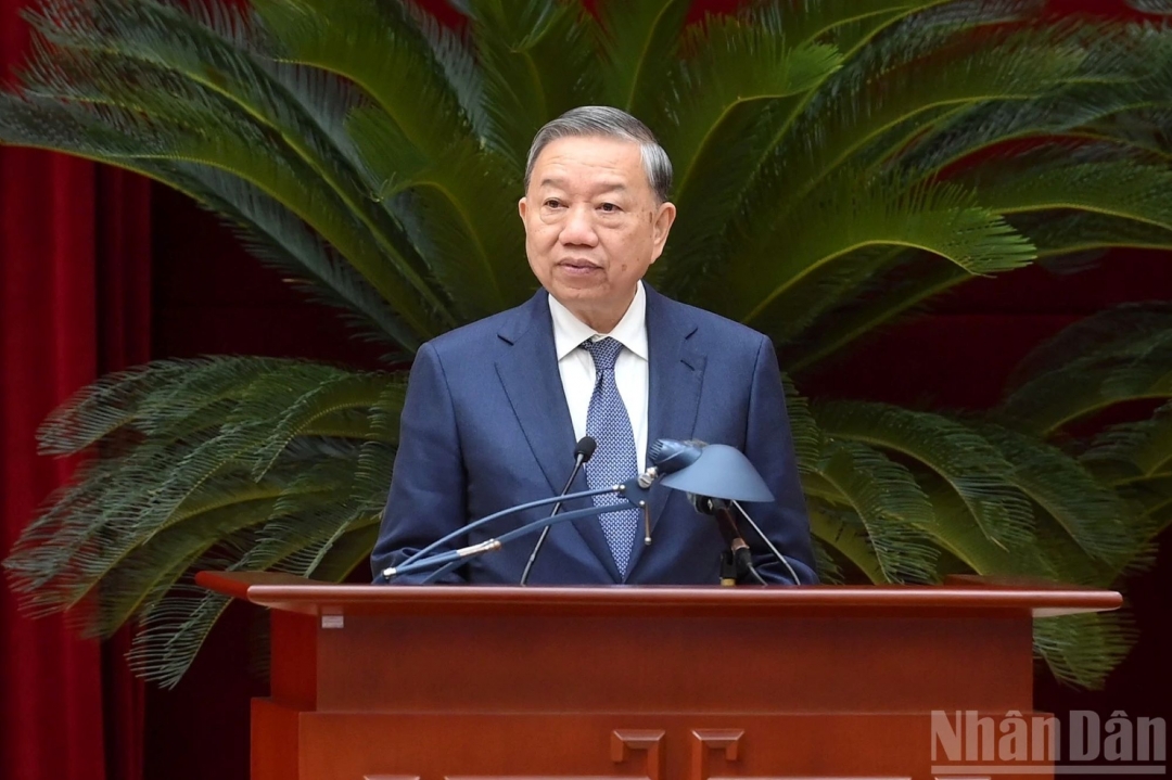 Tổng Bí thư Tô Lâm, Trưởng Ban Chỉ đạo Trung ương phát biểu tại hội nghị.