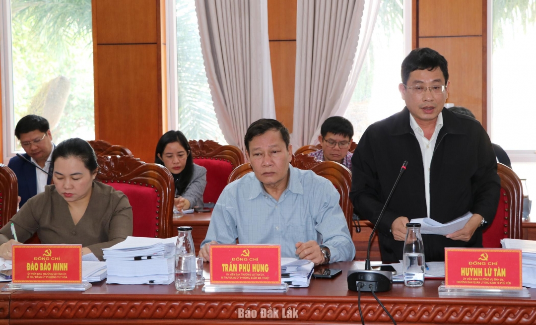 Ủy viên Ban Thường vụ Tỉnh ủy, Trưởng ban quản lý Khu Kinh tế Phú Yên Huỳnh Lữ Tân phát biểu ý kiến tại hội nghị.