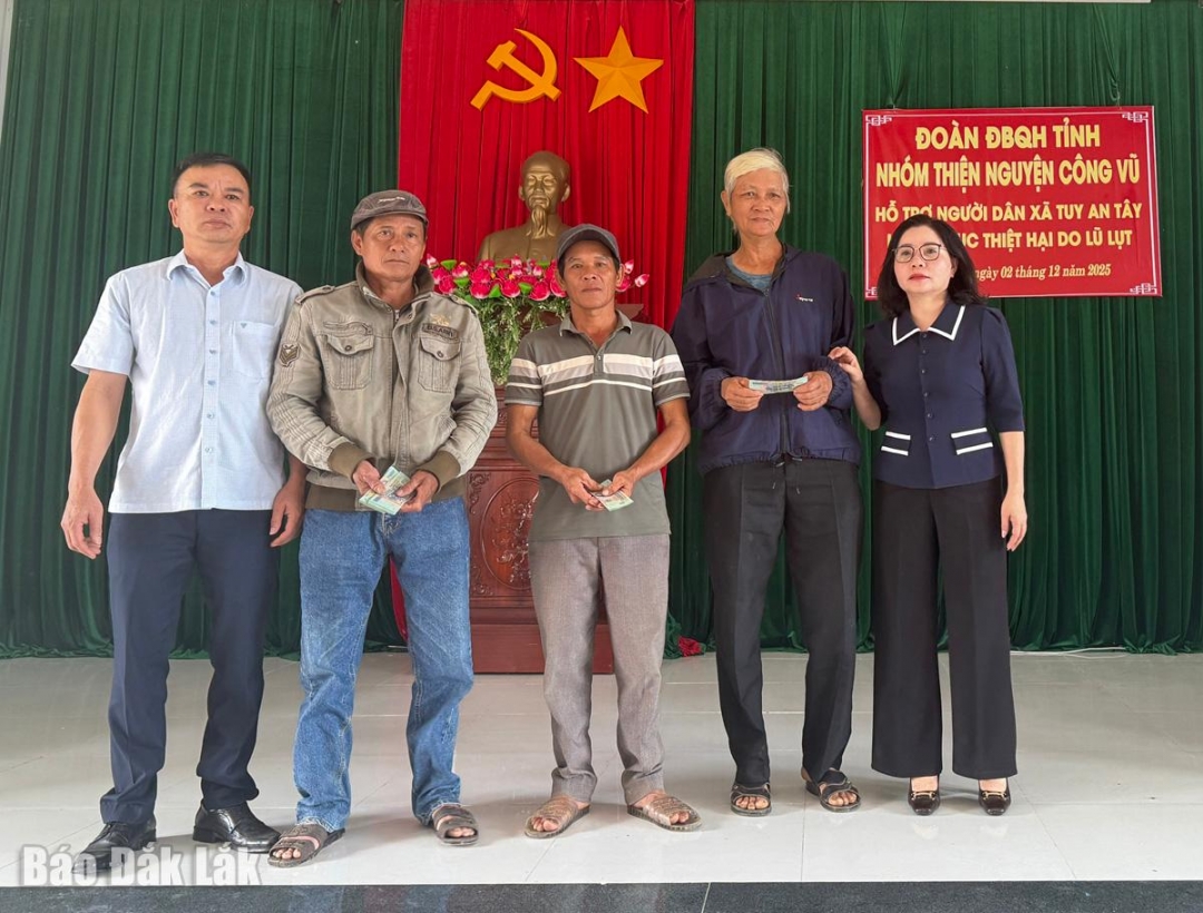 Lãnh đạo Đoàn ĐBQH tỉnh và đại diện Nhóm Thiện nguyện Công Vũ tặng quà hỗ trợ những hộ gia đình có người mất.