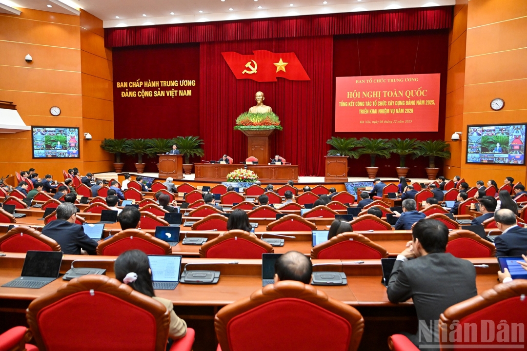 Quang cảnh Hội nghị toàn quốc Tổng kết công tác tổ chức xây dựng Đảng năm 2025, triển khai nhiệm vụ năm 2026.