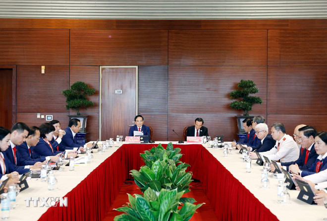 Đoàn đại biểu Đảng bộ Thành phố Hồ Chí Minh thảo luận các văn kiện Đại hội tại Đoàn. Ảnh: TTXVN