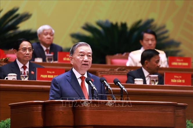 Tổng Bí thư Tô Lâm phát biểu bế mạc Đại hội XIV của Đảng. Ảnh: TTXVN