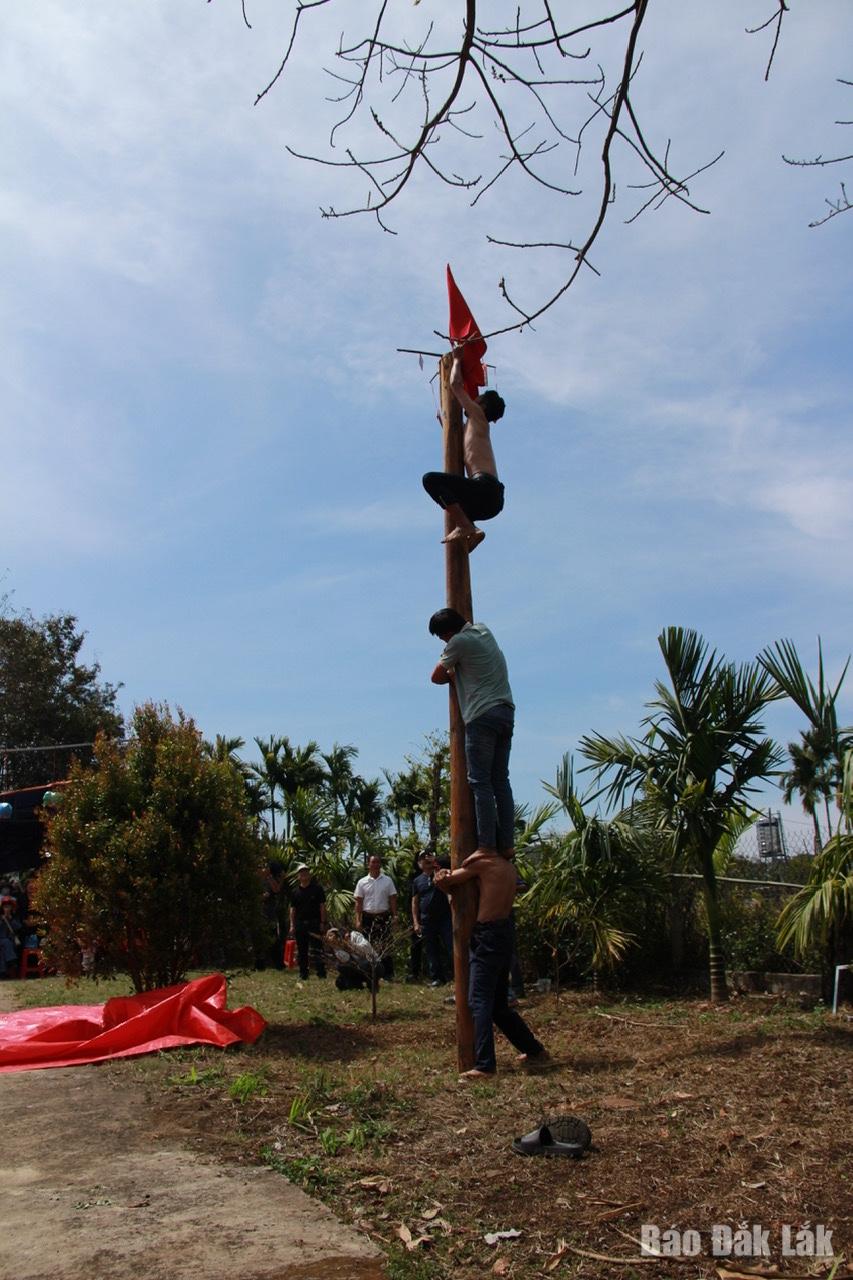 Các thanh niên trong làng tham già trò chơi leo cột mỡ