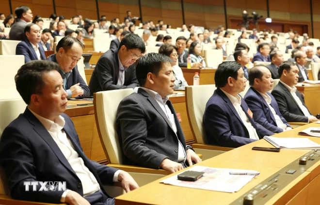 Đại biểu tham dự hội nghị tại điểm cầu chính Hội trường Diên Hồng, Nhà Quốc hội, chiều 7/2. (Ảnh: Phương Hoa/TTXVN)