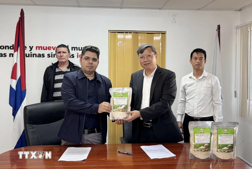 Đại sứ Việt Nam tại Cuba Lê Quang Long trao tượng chưng 250 tấn gạo cho Thứ trưởng Bộ Nông Nghiệp Cuba Telce Abdel González. (Ảnh: Việt Hùng/TTXVN)