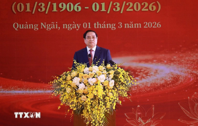 Thủ tướng Phạm Minh Chính phát biểu tại Lễ kỷ niệm 120 năm Ngày sinh Thủ tướng Phạm Văn Đồng. Ảnh: Dương Giang/TTXVN