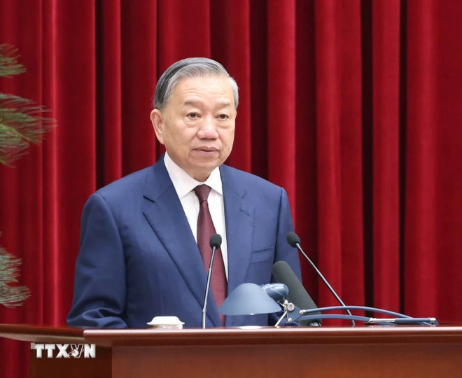 Tổng Bí thư Tô Lâm phát biểu bế mạc Hội nghị lần thứ hai Ban Chấp hành Trung ương Đảng khóa XIV. Ảnh: TTXVN