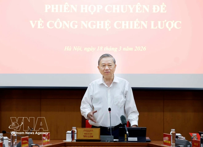 Party General Secretary To Lam, who also serves as head of the Central Steering Committee for Science and Technology Development, Innovation and Digital Transformation, speaks at the event. (Photo: VNA)
