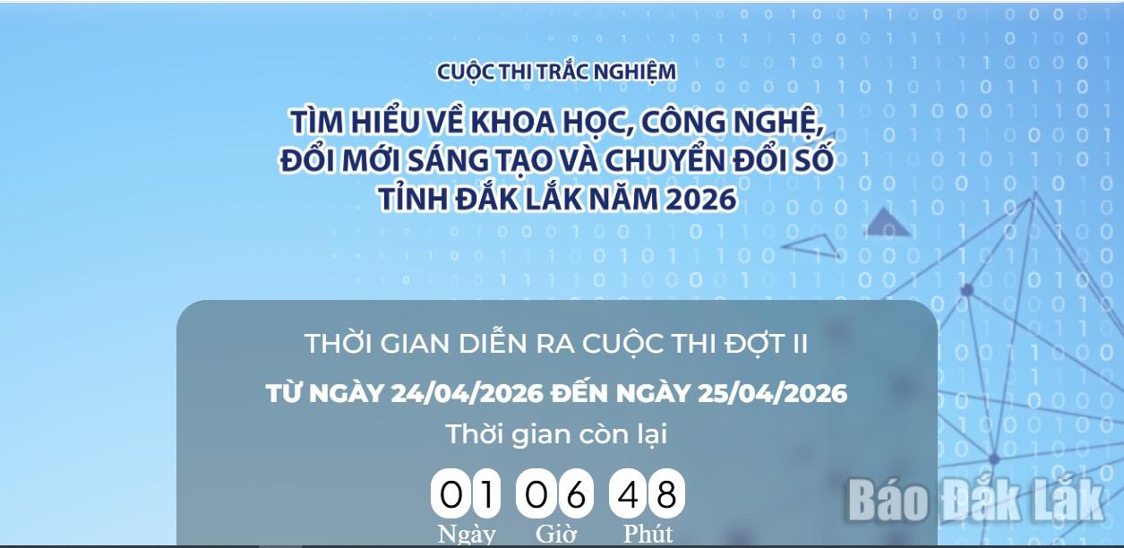 Giao diện Cuộc thi trắc nghiệm trực tuyến Tìm hiểu về khoa học, công nghệ, đổi mới sáng tạo và chuyển đổi số tỉnh Đắk Lắk năm 2026.