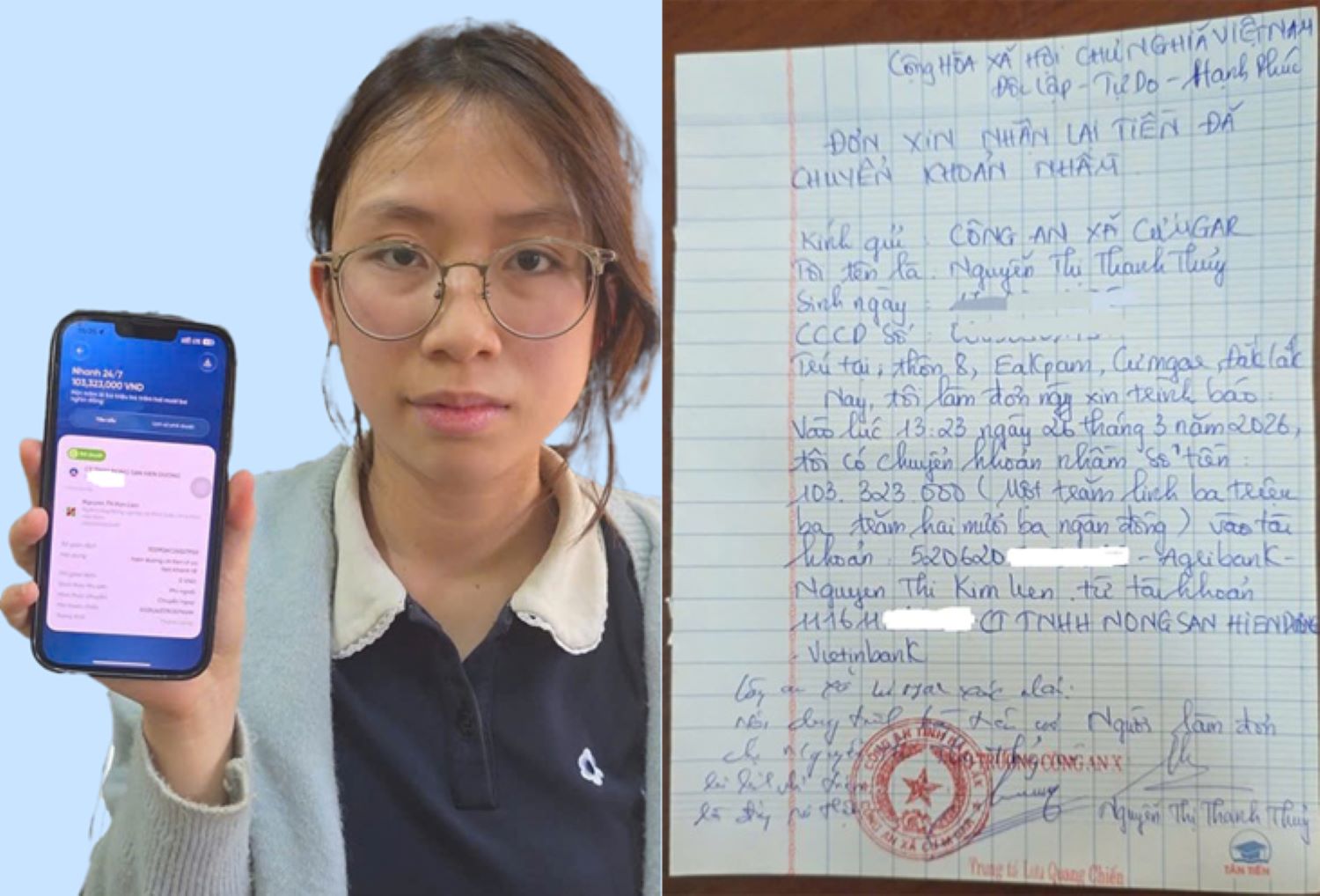 Chị Nguyễn Thị Thanh Thủy nhận lại số tiền đã chuyển khoản nhầm. Ảnh: Công an cung cấp.