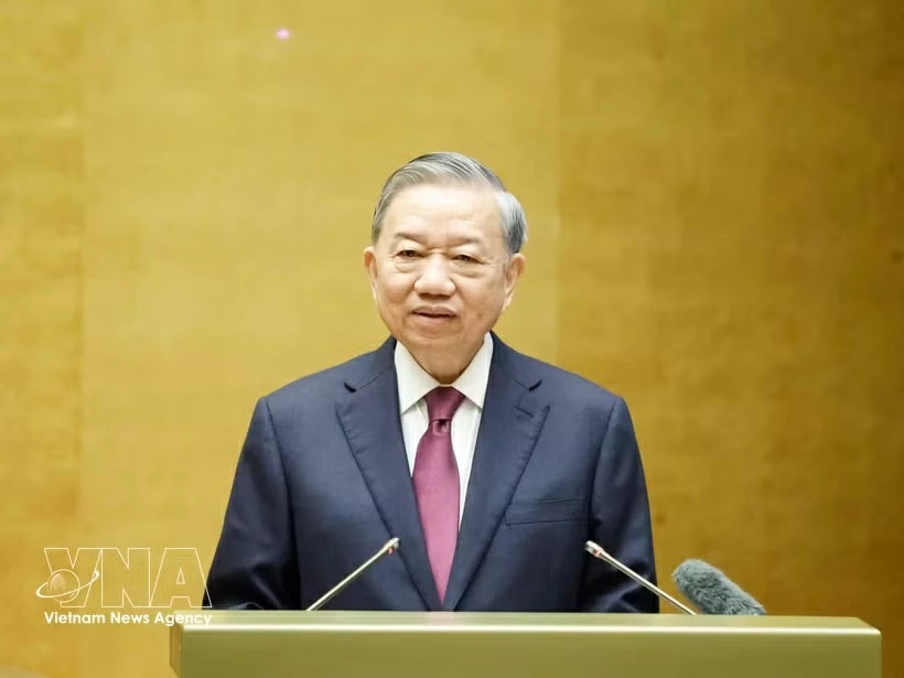 Party General Secretary and State President To Lam speaks at the national conference held on April 13 to disseminate and implement the Resolution of the 14th Party Central Committee’s second plenum. (Photo: VNA)