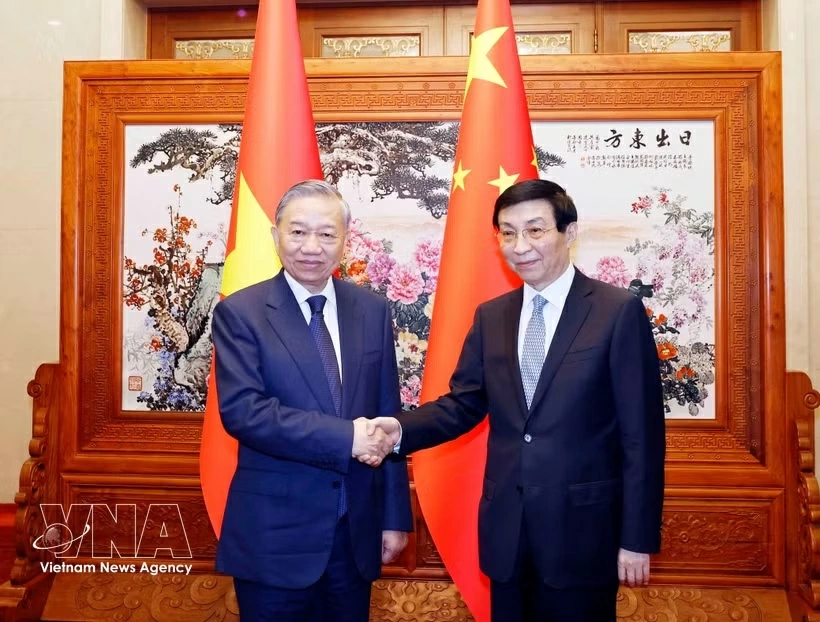 General Secretary of the Communist Party of Vietnam Central Committee and President of Vietnam To Lam (L) meets with Chairman of the National Committee of the Chinese Peoples Political Consultative Conference Wang Huning in Beijing on April 14. (Photo: VNA)