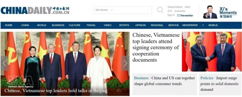 The China Daily reports on the activities of General Secretary of the Communist Party of Vietnam (CPV) Central Committee and President of Vietnam To Lam and his spouse in China. (Photo: VNA)