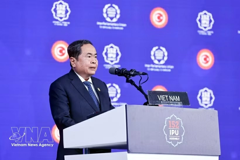 Chairman of the Vietnamese National Assembly Tran Thanh Man speaks at the general debate of the 152nd Assembly of the Inter-Parliamentary Union (IPU-152) in Türkiye on April 16, 2026. (Photo: VNA)