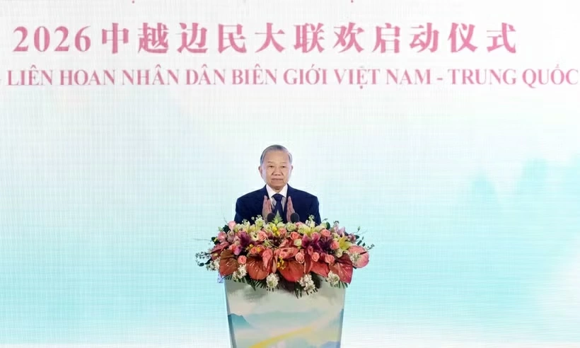 General Secretary of the Communist Party of Vietnam Central Committee and State President To Lam speaks at the launch ceremony of the Vietnam–China Border People’s Festival 2026 on April 17 in Nanning city of Guangxi as part of his state visit to China. (Photo: VNA)