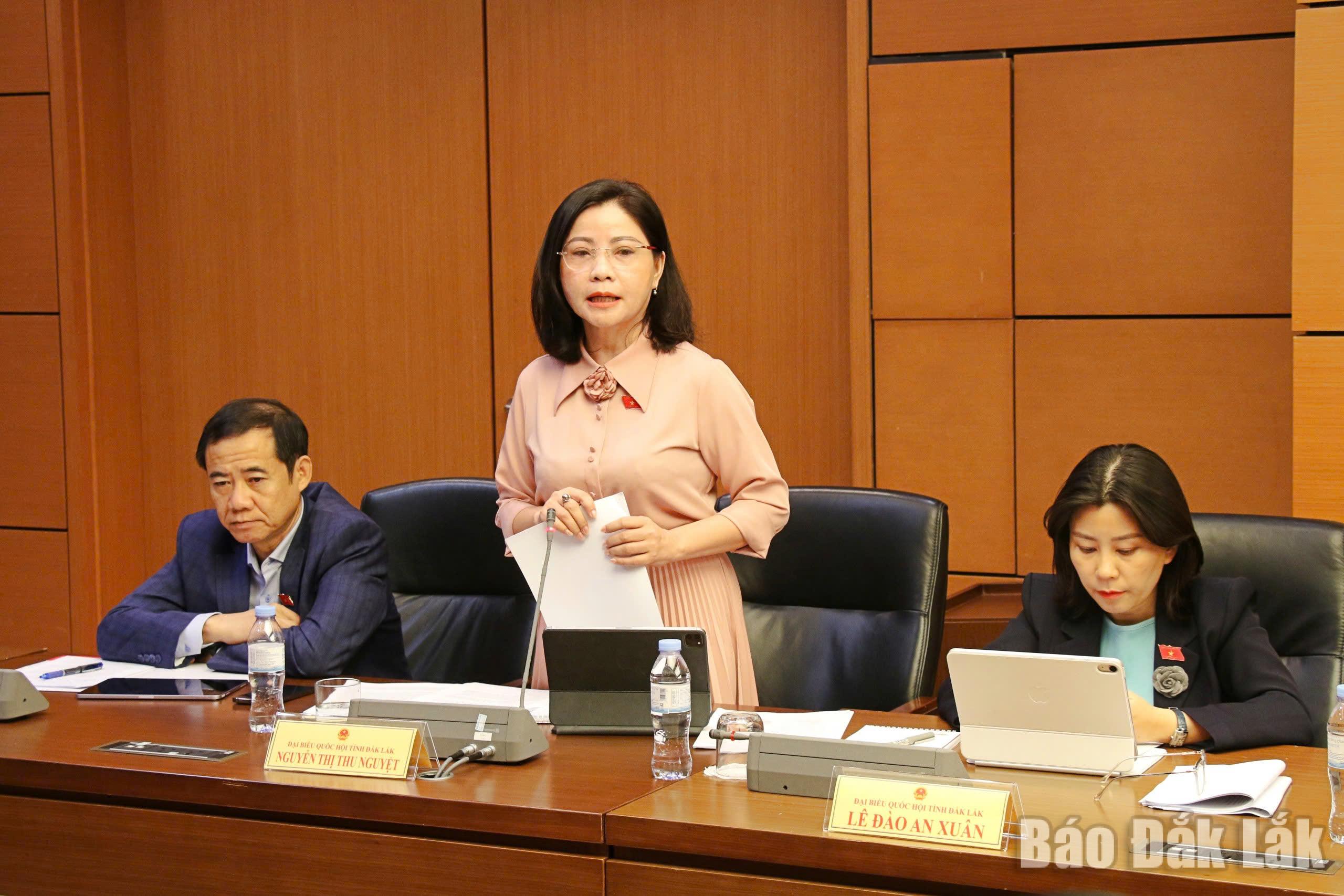 Đại biểu Nguyễn Thị Thu Nguyệt, Phó Trưởng đoàn chuyên trách Đoàn ĐBQH tỉnh Đắk Lắk đóng góp ý kiến thảo luận. Ảnh: Đoàn ĐBQH tỉnh cung cấp