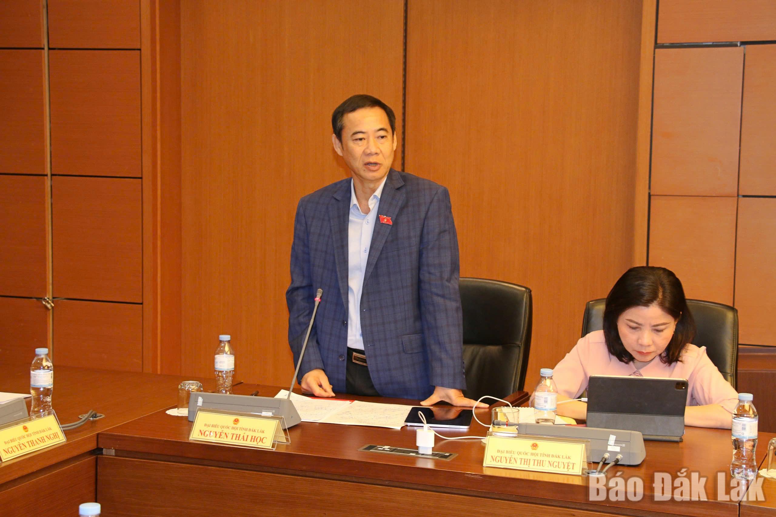 Đại biểu Nguyễn Thái Học, Phó Bí thư Đảng ủy Mặt trận Tổ quốc, các đoàn thể Trung ương thảo luận tại phiên làm việc. Ảnh: Đoàn ĐBQH tỉnh cung cấp