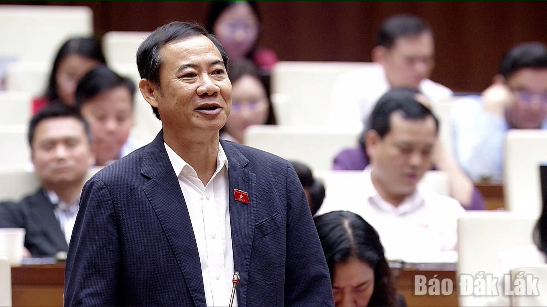 Đại biểu Nguyễn Thái Học, Phó Bí thư Đảng ủy Mặt trận Tổ quốc, các đoàn thể Trung ương (Đoàn ĐBQH tỉnh Đắk Lắk) phát biểu thảo luận tại hội trường. Ảnh: Đoàn ĐBQH tỉnh cung cấp