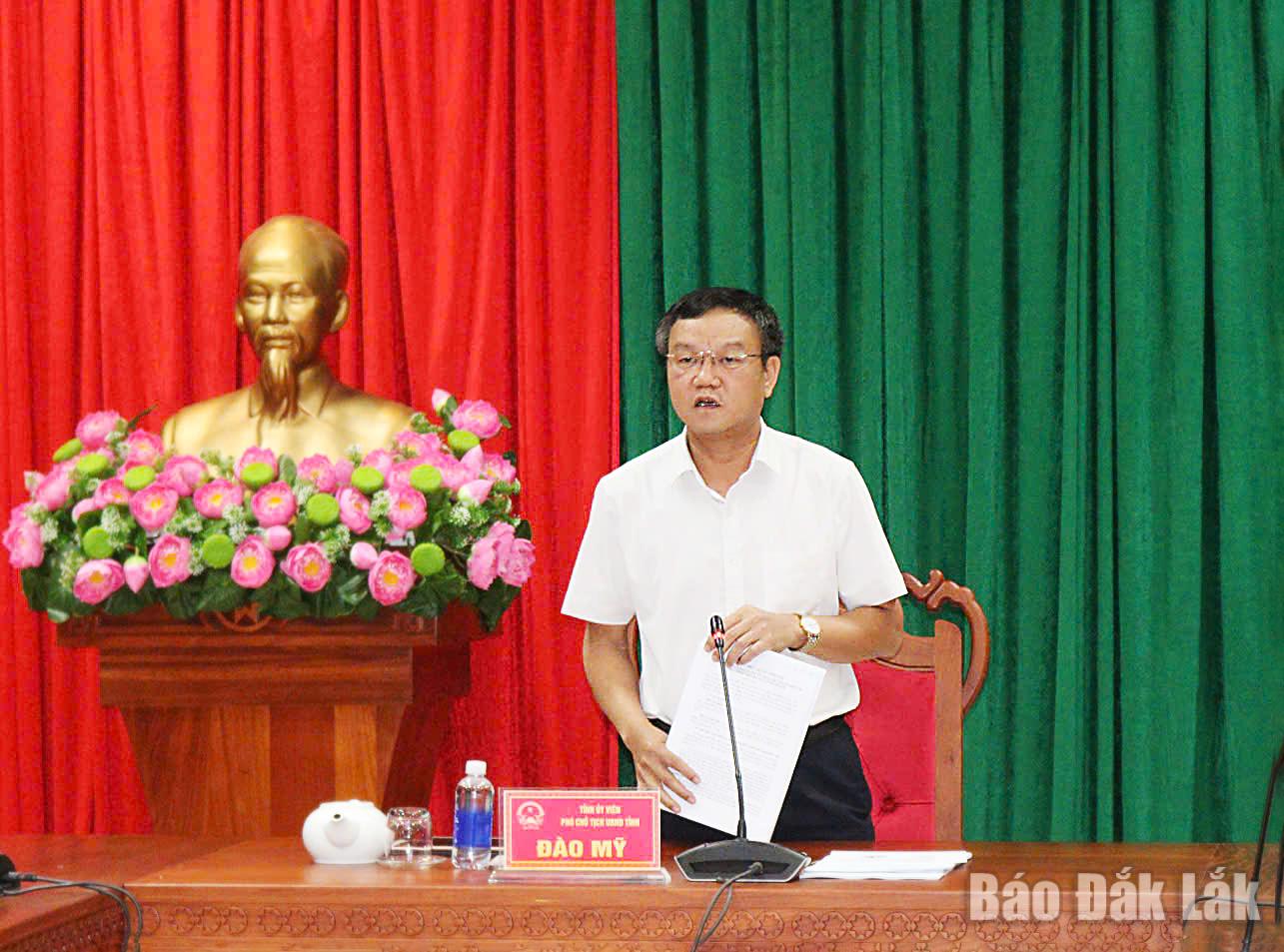 Phó Chủ tịch UBND tỉnh Đào Mỹ báo cáo tiến độ các dự án năng lượng tái tạo đang triển khai trên địa bàn tỉnh.