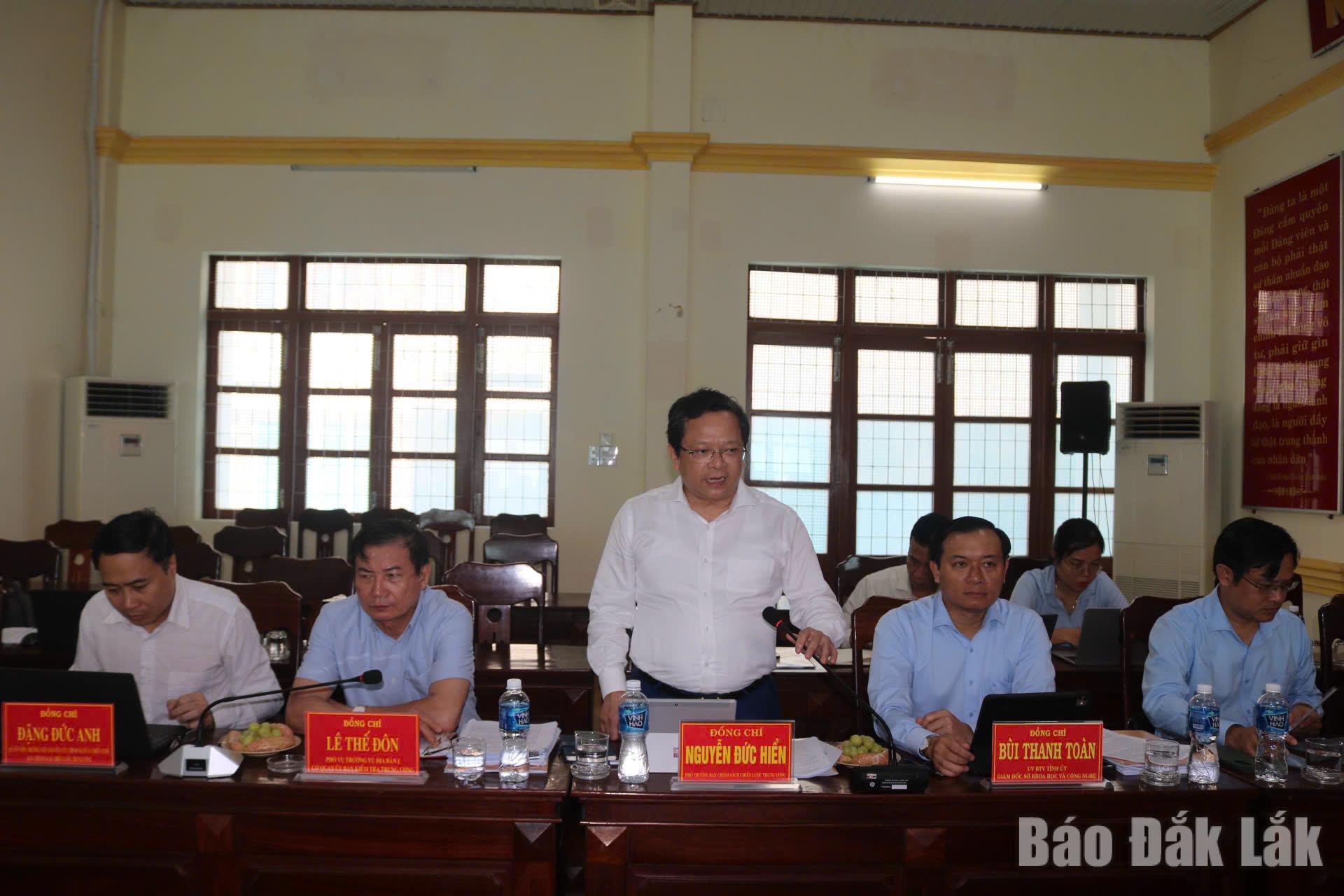 Đồng chí Nguyễn Đức Hiển, Phó Trưởng Ban Chính sách, chiến lược Trung ương, Phó Trưởng Đoàn kiểm tra, giám sát số 26 phát biểu tại buổi làm việc.