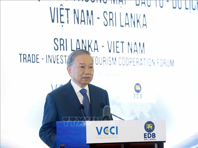 ổng Bí thư, Chủ tịch nước Tô Lâm phát biểu tại Diễn đàn doanh nghiệp Việt Nam - Sri Lanka. Ảnh: Thống Nhất/TTXVN