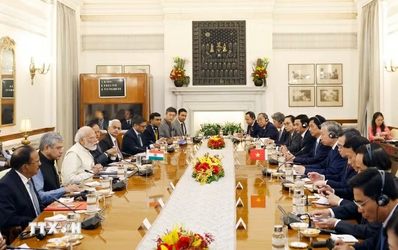 Tổng Bí thư, Chủ tịch nước Tô Lâm hội đàm với Thủ tướng Ấn Độ Narendra Modi. Ảnh: TTXVN