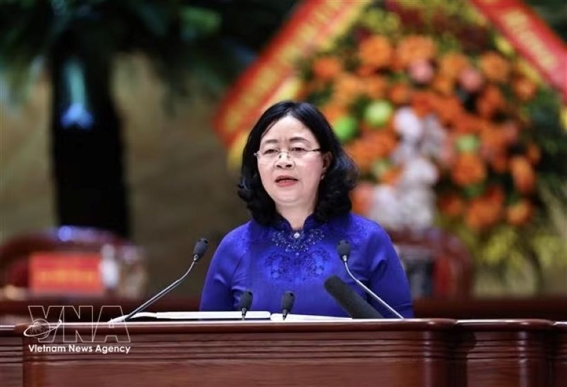 President of the Vietnam Fatherland Front (VFF) Central Committee for the 2026-2031 tenure Bui Thi Minh Hoai speaks at the VFFs 11th National Congress. (Photo: VNA)