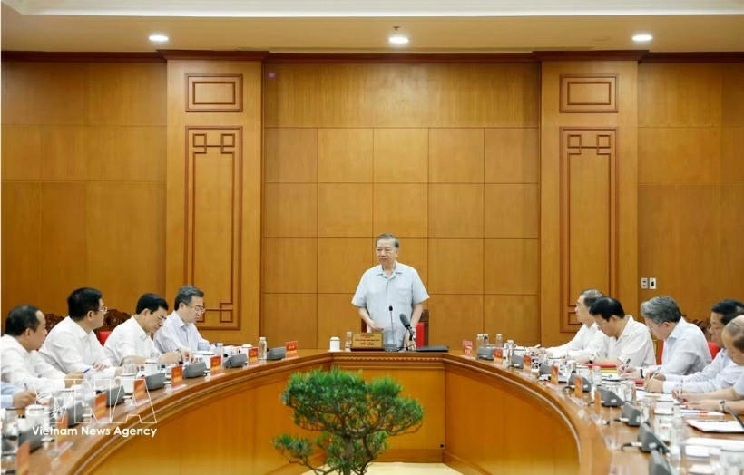 Party General Secretary and State President To Lam chairs the meeting in Hanoi on June 8 with the Party Central Committee’s Commission for Policies and Strategies and relevant agencies on the review of Resolution No. 36-NQ/TW. (Photo: VNA)