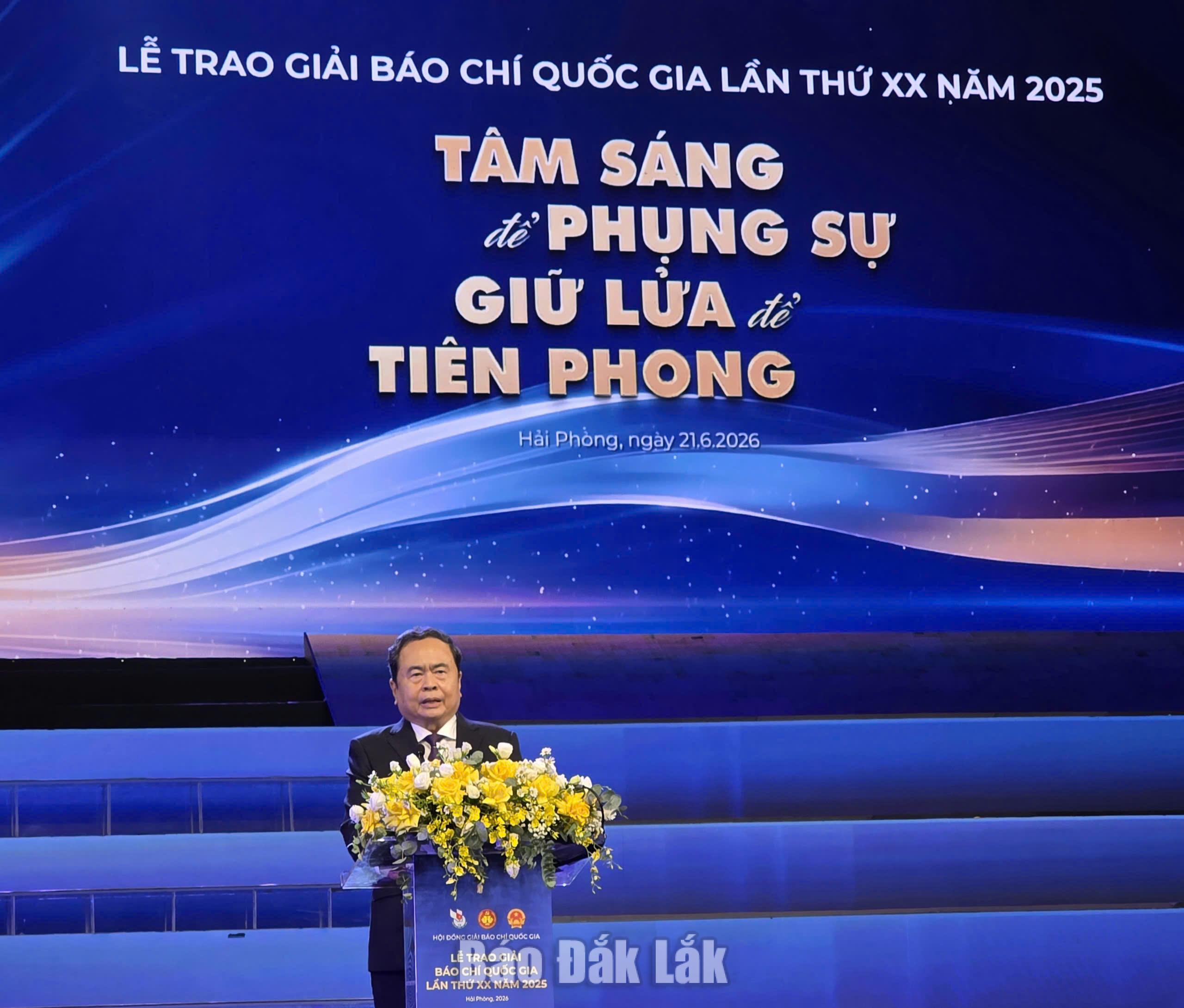 Chủ tịch Quốc hội Trần Thanh Mẫn phát biểu chỉ đạo tại lễ trao giải. Ảnh: Khánh Uyên