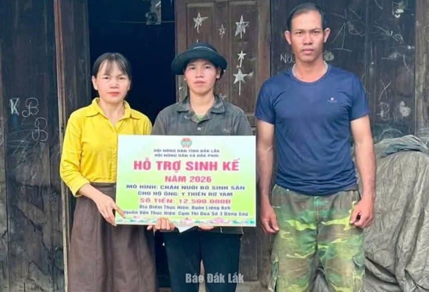 Hội Nông dân xã Đắk Phơi trao bảng tượng trưng kinh phí hỗ trợ mua bò sinh sản cho hộ ông Y Thiên Rơ Yam (buôn Liêng Keh).