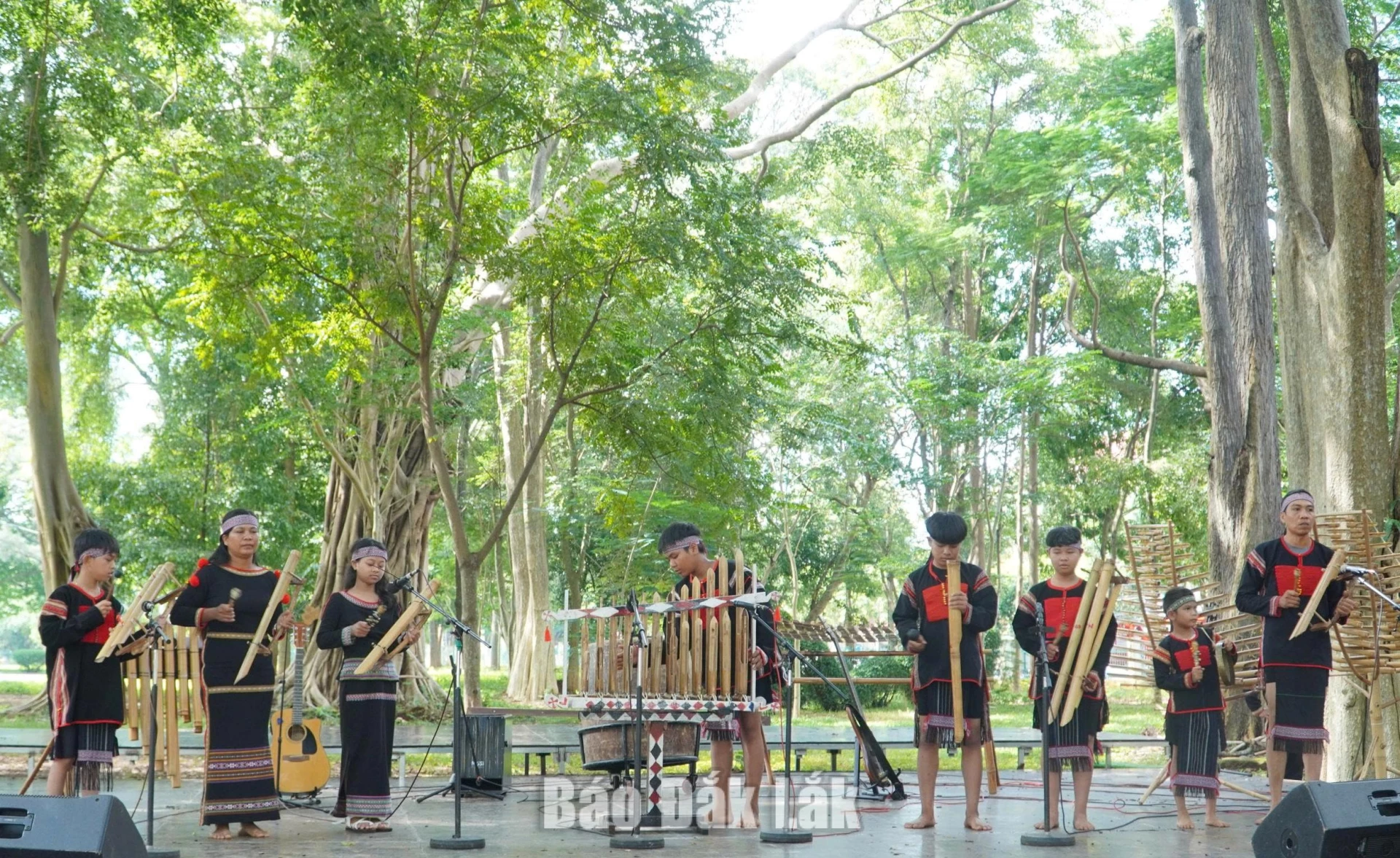 Đội văn nghệ xã biểu diễn nhạc cụ dân tộc.