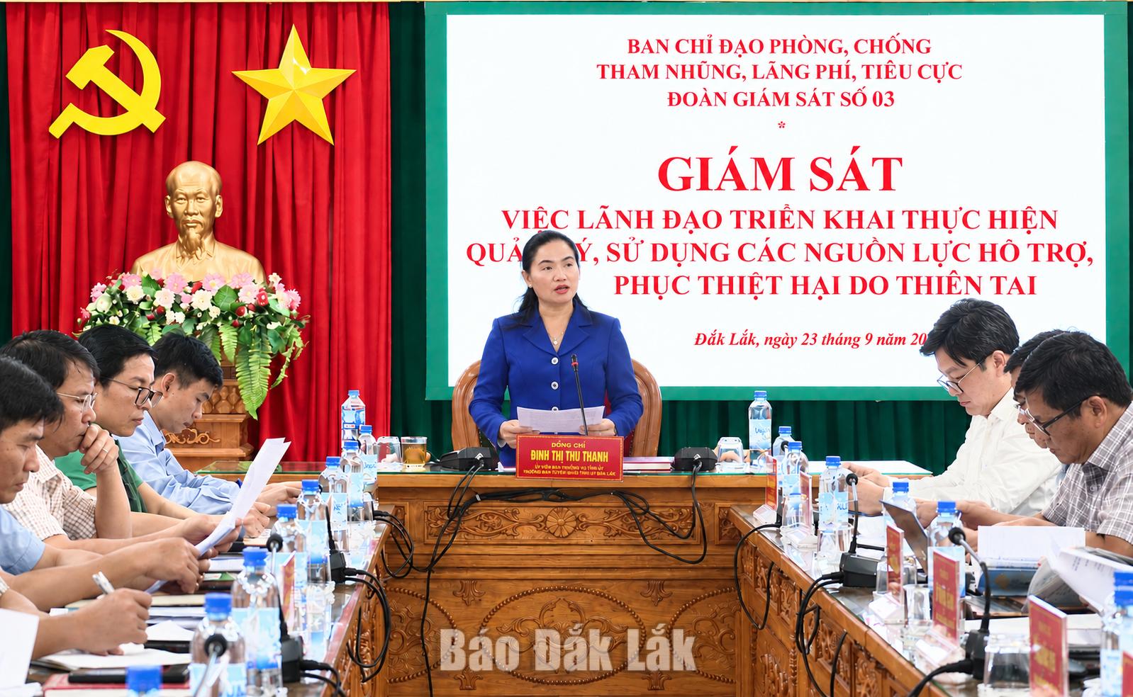 Đồng chí Đinh Thị Thu Thanh, Ủy viên Ban Thường vụ Tỉnh ủy, Trưởng ban Tuyên giáo Tỉnh ủy phát biểu tại buổi giám sát.