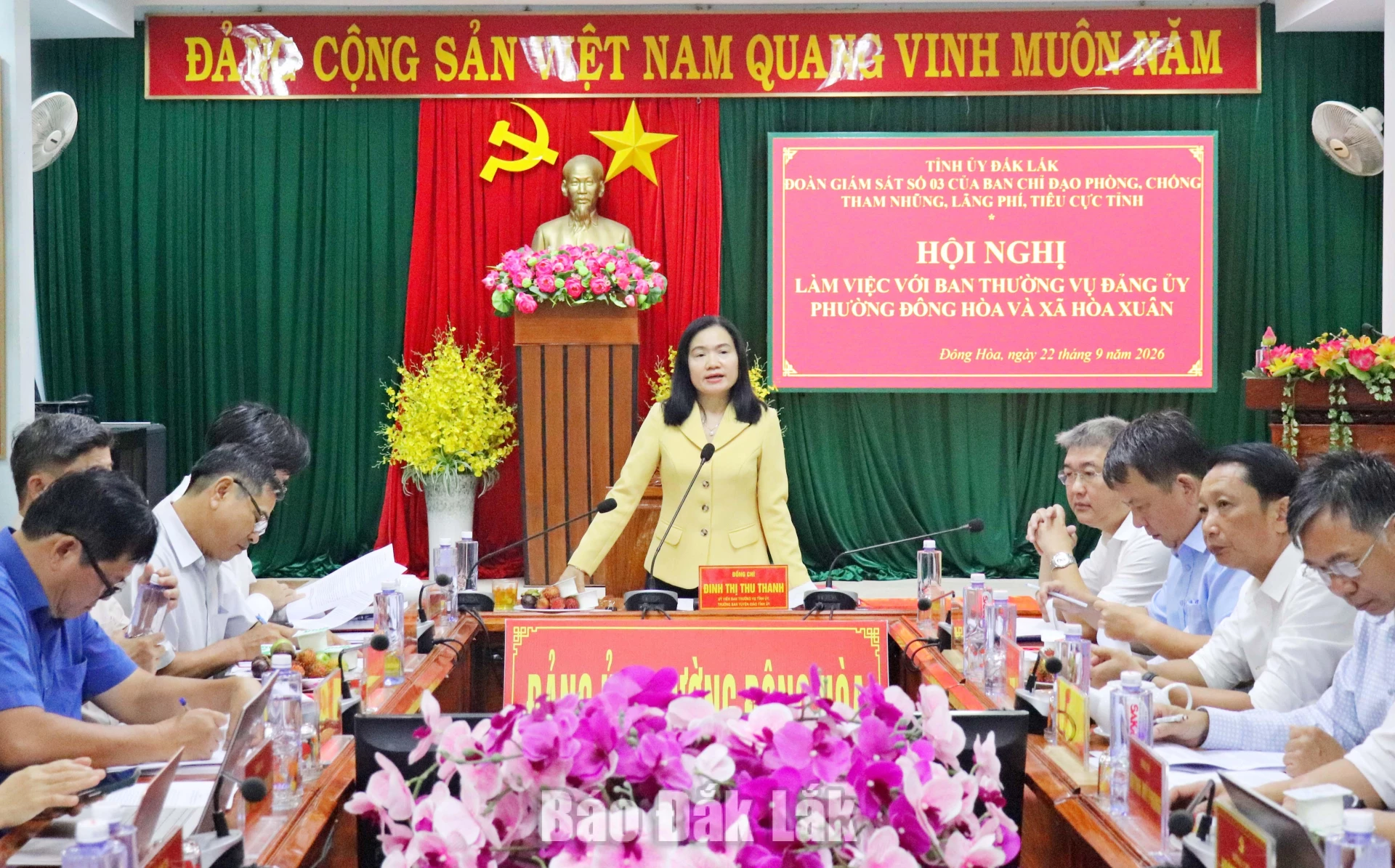 Đồng chí Đinh Thị Thu Thanh, Ủy viên Ban Thường vụ Tỉnh ủy, Trưởng Ban Tuyên giáo Tỉnh ủy phát biểu tại buổi giám sát.