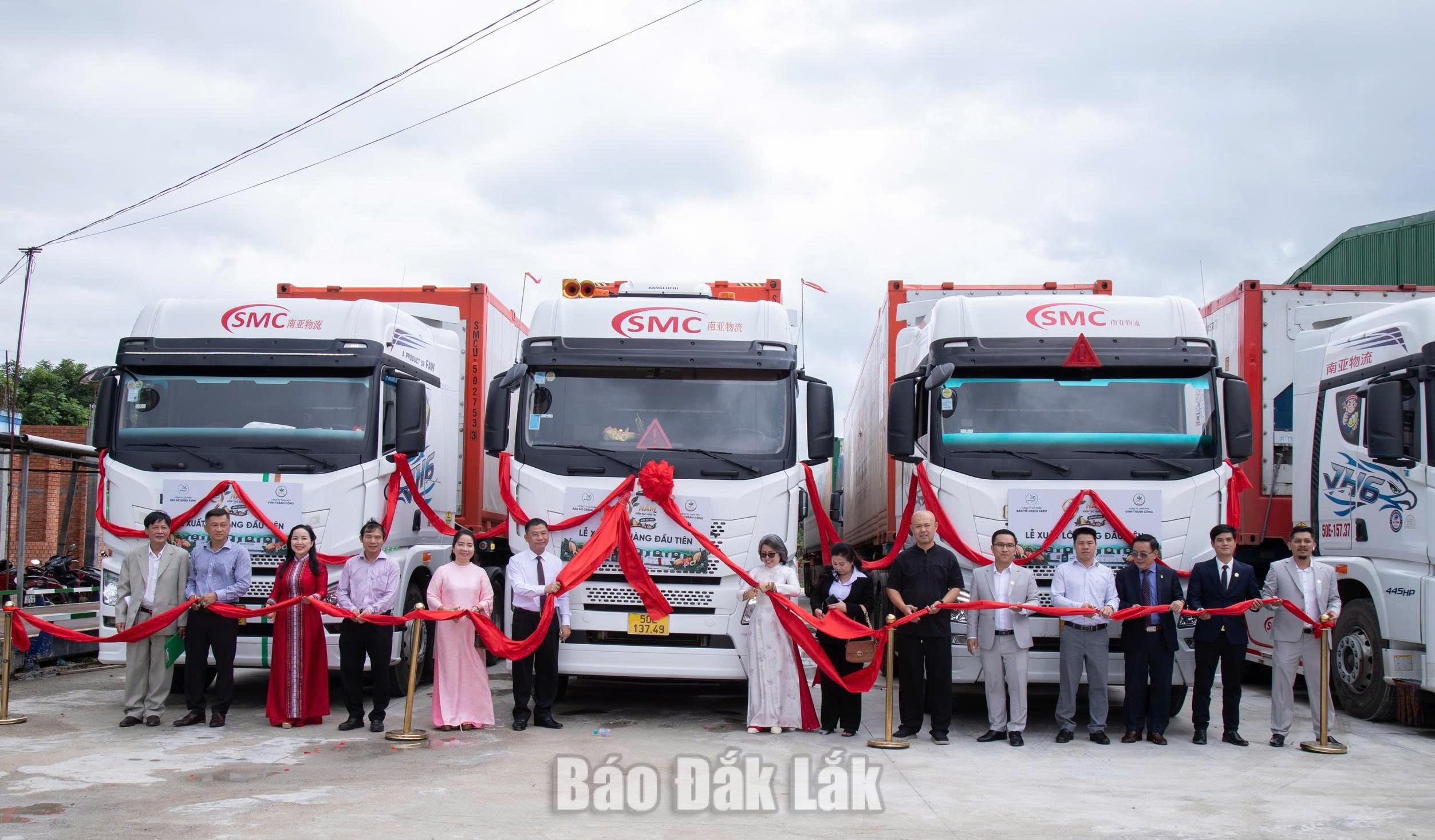 Các đại biểu thực hiện nghi thức cắt băng, xuất khẩu 2 container sầu riêng cấp đông đầu tiên của Nhà máy số 2.