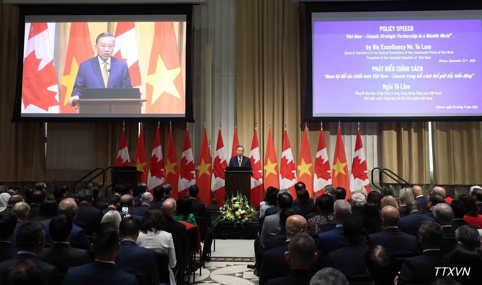 General Secretary of the Communist Party of Viet Nam Central Committee and President To Lam delivers a policy speech at the Parliament of Canada in Ottawa on September 24 afternoon (local time). (Photo: VNA)